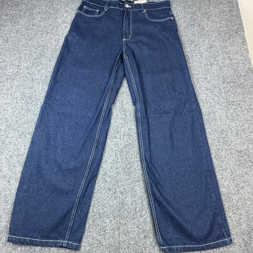 BoohooMAN Mens 34x30 Baggy Rigid Graphic Denim Jeans Indigo Blue MultiPocket NEW